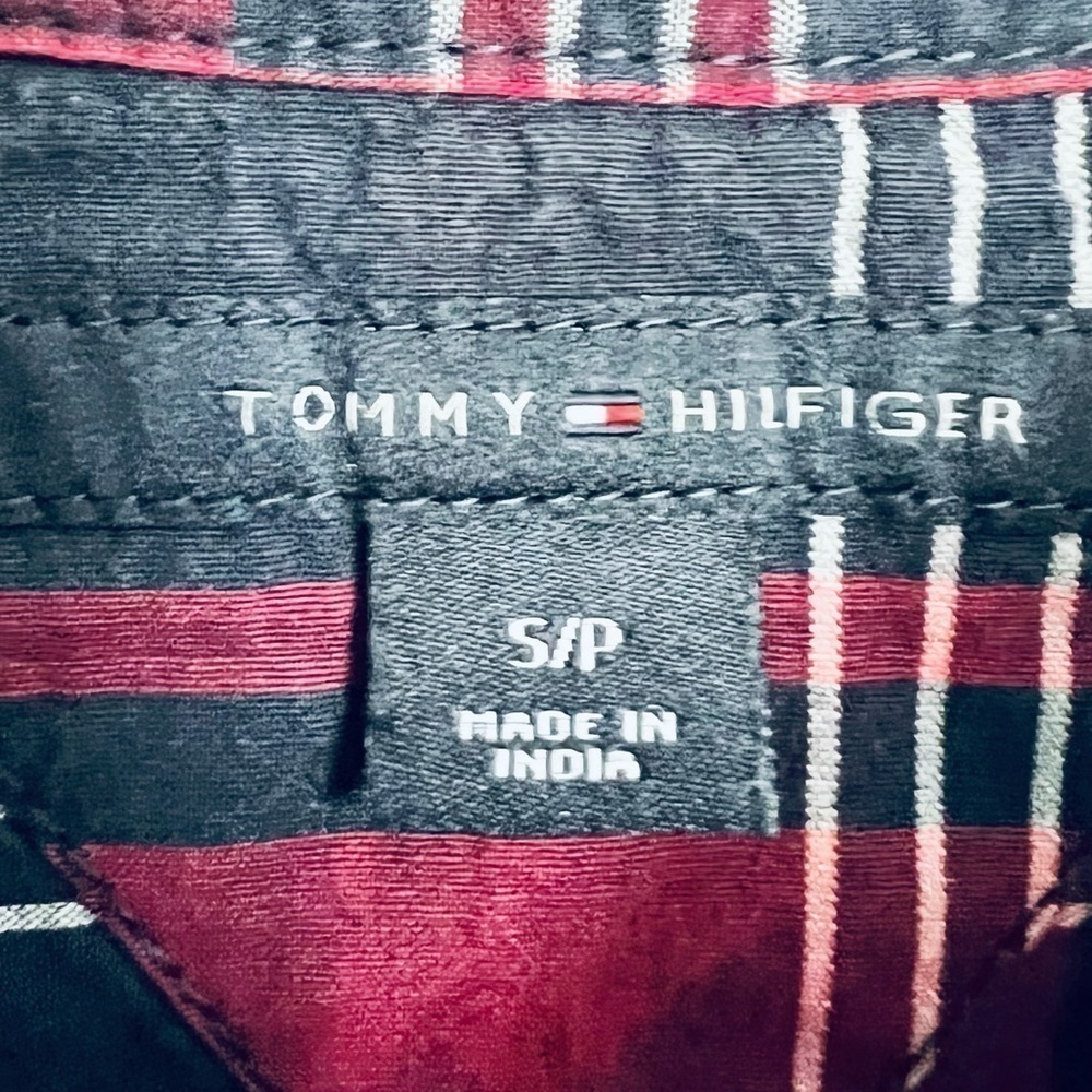 Tommy Hilfiger Plaid Button Up Collared Shirt Red and Navy Short Puffed Sleeve S - Picture 8 of 10